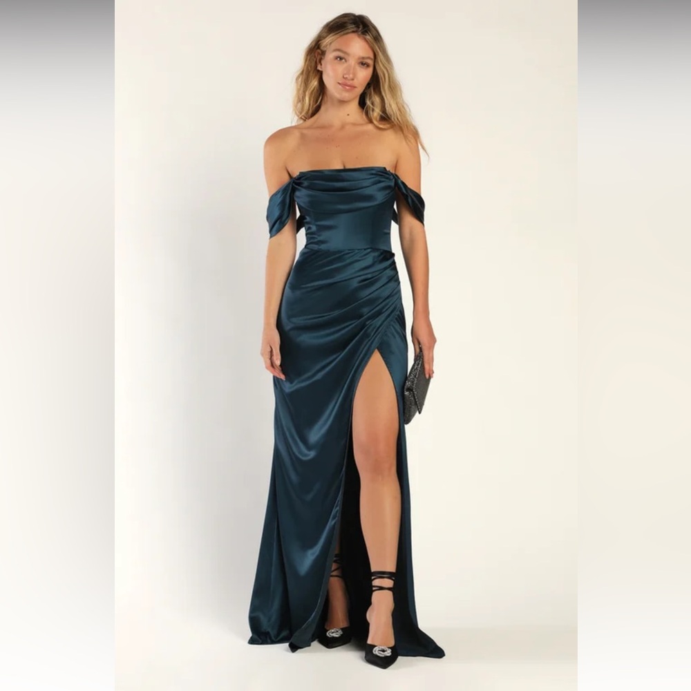 NWOT Lulus Stunning Arrival Dark Teal Satin Off-The- Shoulder Maxi Dress